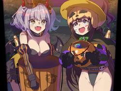  2girls :d alternate_costume arm_tattoo bandaid bandaid_on_face bare_shoulders belorta_(nikke) black_capelet black_dress black_gloves black_leotard black_ribbon black_sleeves breasts brown_hair bucket candy capelet carronades_(nikke) cleavage commentary_request cowboy_shot detached_sleeves dress facial_mark fake_horns fake_wings fingerless_gloves food frilled_dress frills garter_straps gloves goddess_of_victory:_nikke grey_hair groin hair_between_eyes hair_ornament hair_ribbon halloween halloween_bucket halloween_costume hat helmet holding holding_bucket horns large_breasts leotard leotard_under_clothes long_hair medium_hair mica_(nikke) mini_hat mini_top_hat multiple_girls oerba_yun_fang open_mouth pig_tattoo pillarboxed puffy_detached_sleeves puffy_sleeves ribbon sidelocks skull_hair_ornament smile standing strapless strapless_dress syope tattoo thong_leotard top_hat twintails wings witch_hat yellow_eyes 