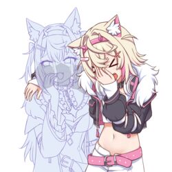  &gt;_&lt; 2girls :d animal_ear_fluff animal_ears arm_around_shoulder belt black_collar black_jacket blonde_hair blue_hairband breasts chains cleavage cleavage_cutout clothing_cutout collar commentary crop_top cropped_jacket cropped_shirt dog_ears dog_girl dress fangs frills fur-trimmed_jacket fur_trim fuwawa_abyssgard fuwawa_abyssgard_(1st_costume) hair_ornament hairband hairclip highres hololive hololive_english jacket large_breasts laughing_girls_(meme) long_hair looking_to_the_side medium_hair meme midriff mococo_abyssgard mococo_abyssgard_(1st_costume) multicolored_hair multiple_girls navel open_mouth pink_belt pink_hair pink_hairband shirt short_hair siblings simple_background sisters smile spiked_collar spikes stomach streaked_hair twins two_side_up upper_body virtual_youtuber white_background white_dress white_shirt wool_(miwol) x_hair_ornament 