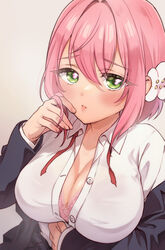  black_jacket blush bob_cut bra bra_peek breasts cleavage closed_mouth collared_shirt commentary_request dot_nose female fingernails floral_print flower green_eyes hair_between_eyes hair_flower hair_intakes hair_ornament hanazono_hakari hand_on_own_stomach highres huge_breasts jacket kimi_no_koto_ga_dai_dai_dai_dai_daisuki_na_100-nin_no_kanojo lace-trimmed_bra lace_trim lips long_sleeves looking_at_viewer medium_hair neck_ribbon open_clothes open_jacket open_shirt pink_background pink_bra pink_hair print_bra red_ribbon ribbon shirt simple_background sleeves_past_wrists solo unbuttoned unbuttoned_shirt underwear upper_body white_flower white_shirt yumemi_teer 