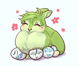  alternate_species ambiguous_gender blade_(nu:_carnival) blush closed_eyes egg eiden_(nu:_carnival) feral feralized flower fluffy fur furrification garu_(nu:_carnival) gone_birdy green_body green_fur head_tuft karu_(nu:_carnival) lagomorph leporid low_res mammal nu:_carnival olivine_(nu:_carnival) plant rabbit rei_(nu:_carnival) solo tuft 