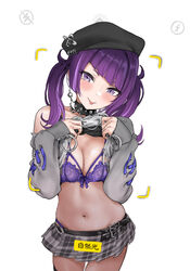  bad_id bad_pixiv_id beret black_choker black_hat blunt_bangs blush bra breasts choker cleavage closed_mouth clothes_lift commentary_request diagonal_bangs ear_piercing earrings female grey_skirt hamedoragon hat idolmaster idolmaster_shiny_colors jewelry lace lace_bra lifting_own_clothes long_hair long_sleeves looking_at_viewer medium_breasts miniskirt navel piercing plaid plaid_skirt purple_bra purple_eyes purple_hair shirt shirt_lift simple_background skirt smile solo standing studded_choker tanaka_mamimi tongue tongue_out twintails underwear 