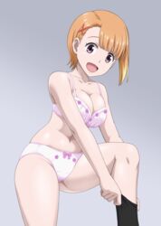  adjusting_sock asymmetrical_bangs bare_shoulders black_socks bra breasts cleavage commentary_request commission cowboy_shot crotch_seam dressing female grey_background hair_ornament large_breasts leg_up looking_at_viewer mieruko-chan navel open_mouth orange_hair panties partial_commentary purple_eyes short_hair skeb_commission smile socks solo standing standing_on_one_leg underwear underwear_only vierosky white_bra white_panties x_hair_ornament yurikawa_hana 