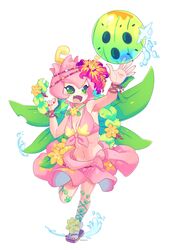  absurdres alternate_costume ball bra digimon digimon_(creature) fairy female flower green_eyes highres leaf_wings lilimon monster_girl navel open_mouth petals pink_bra pink_sarong plant_girl red_flower roccoco_co sandals simple_background solo swimsuit underwear white_background yellow_flower 