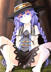  black_skirt blue_eyes blue_hair boots braid capelet closed_mouth crossed_bangs female hat highres knee_boots long_braid long_hair looking_at_viewer miniskirt mushoku_tensei on_ground roxy_migurdia shirt sitting skirt solo spread_legs thighs twin_braids twintails white_capelet white_footwear white_shirt witch_hat zummy 