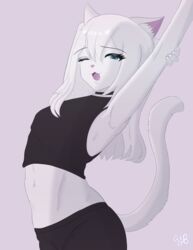  anthro blue_eyes choker clothing crop_top dakota_(yeetboi420z) domestic_cat felid feline felis femboy fur hair hi_res jewelry male mammal midriff necklace open_mouth shirt solo stretching topwear white_body white_fur white_hair yawn yeetboi420z 