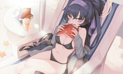  bags_under_eyes bikini black_bikini black_hair blue_archive book breasts commentary drink drinking_straw female grey_jacket h2o_(dfo) hair_between_eyes hairband halterneck highres holding holding_book jacket long_hair long_sleeves looking_at_viewer medium_breasts navel open_clothes open_jacket open_mouth purple_eyes purple_hairband sitting solo string_bikini swimsuit ui_(blue_archive) ui_(swimsuit)_(blue_archive) very_long_hair 