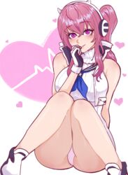  animal_ear_headphones animal_ears bare_shoulders blush breasts bumblingbubble closed_mouth cropped_jacket fake_animal_ears female gloves goddess_of_victory:_nikke headphones heart highres jacket knees_together_feet_apart looking_at_viewer panties pantyshot pepper_(nikke) pink_eyes pink_hair ribbed_sweater sailor_collar short_hair_with_long_locks side_ponytail sitting sleeveless solo sweat sweater thighs turtleneck turtleneck_sweater underwear white_gloves white_jacket white_panties white_sweater 