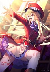  belt black_belt blonde_hair blurry blurry_background bow bowtie buttons clenched_hand double-breasted female garter_straps hair_between_eyes hat hikikomari_kyuuketsuki_no_monmon long_hair military_uniform open_mouth peaked_cap purple_bow purple_bowtie red_eyes red_hat riichu solo teeth terakomari_gandezblood thighhighs twitter_username uniform upper_teeth_only white_garter_straps white_thighhighs zettai_ryouiki 