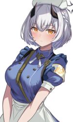  belt black_halo black_horns blue_archive blue_shirt blush braid breasts brown_belt closed_mouth female halo hat highres horns looking_at_viewer metsu_end puffy_short_sleeves puffy_sleeves sena_(blue_archive) shirt short_hair short_sleeves solo white_hair white_hat yellow_eyes 