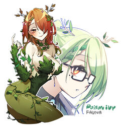  adarin antlers batman_(series) blush braid branch breasts ceres_fauna cleavage cosplay dc_comics dual_persona female flower glasses green_hair green_pantyhose hair_flower hair_ornament highres hololive hololive_english horns large_breasts lips long_hair looking_at_viewer makeup mole mole_under_eye multicolored_hair pantyhose plant poison_ivy poison_ivy_(cosplay) red_hair simple_background smile solo streaked_hair vines virtual_youtuber white_background yellow_eyes 