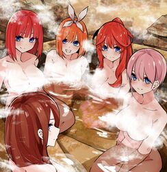  5girls bath bathing blue_eyes blush breasts cleavage clenched_teeth closed_mouth collarbone commentary completely_nude convenient_censoring frown go-toubun_no_hanayome grin hair_down hair_ribbon highres large_breasts long_hair looking_at_viewer mame1645 multiple_girls nakano_ichika nakano_itsuki nakano_miku nakano_nino nakano_yotsuba nude onsen orange_hair partially_submerged pink_hair quintuplets red_hair ribbon same-sex_bathing shared_bathing short_hair siblings sideways_glance sisters sitting smile steam steam_censor sweatdrop teeth water white_ribbon 