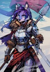  5_fingers anthro armor artist_name battle_flag belt blue_eyes braided_hair breastplate breasts buckle canid canine canis capelet cerbera clothing cold detailed female fingers flag flag_(object) frown gauntlets gem glistening glistening_eyes gloves greaves hair handwear hi_res inner_ear_fluff leather leather_clothing leather_gloves leather_handwear long_hair looking_at_viewer lucia_(grey_wolf_570) mammal melee_weapon mountain ornate_armor pauldron polearm scabbard snow solo spear standard sword tuft tundra warrior weapon wolf 