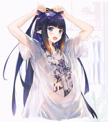  blue_eyes blunt_bangs blush bra bra_visible_through_clothes dress female gradient_hair hand_on_own_head highres hololive hololive_english long_hair looking_at_viewer mole mole_under_eye multicolored_hair ninomae_ina&#039;nis ninomae_ina&#039;nis_(loungewear) no_pants open_mouth orange_hair panties panties_visible_through_clothes pointy_ears purple_hair see-through see-through_shirt shirt sidelocks smile solo t-shirt takodachi_(ninomae_ina&#039;nis) tallgeese_(lgeesel) tentacle_hair underwear very_long_hair virtual_youtuber 