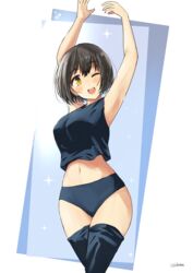  absurdres armpits arms_up black_hair blue_buruma blue_skirt blue_thighhighs blush border breasts buruma cowboy_shot crop_top cropped_shirt dot_nose female highres idolmaster idolmaster_cinderella_girls idolmaster_cinderella_girls_starlight_stage large_breasts looking_at_viewer midriff navel one_eye_closed open_hands open_mouth shikamax2 shirt short_hair skirt sleeveless sleeveless_shirt smile solo sparkle standing takafuji_kako takefuji teeth thighhighs twitter_username two-tone_background upper_teeth_only white_border yellow_eyes 