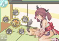  &lt;boss&gt; ahoge armpit_crease artist_name back_bow blush bow brown_hair brown_kimono commentary_request controller damaged fake_screenshot female frown game_controller gradient_kimono grey_kimono headgear highres japanese_clothes kantai_collection kimono kiritanpo_(food) long_hair long_sleeves looking_at_viewer obi obijime okobo onsen_symbol oversized_food oversized_object panties panty_peek parody red_bow red_eyes sandals sash short_kimono single_bare_shoulder sitting smoke solo tabi tearing_up timestamp torn_clothes touhoku_kiritan translation_request twintails underwear user_interface voiceroid wariza wavy_mouth white_panties zunda_mochi 