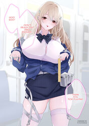  black_nails blonde_hair blue_bow blue_bowtie blue_sweater bow bowtie breasts button_gap chark14 ear_piercing english_commentary english_text female goddess_of_victory:_nikke gyaru hair_ornament hairclip highres huge_breasts jewelry long_hair mixed-language_commentary mole mole_under_eye multiple_rings off_shoulder partially_unbuttoned penis_measuring piercing red_eyes ring ruler school_uniform shirt skindentation solo striped_bow striped_bowtie striped_clothes sweater thighhighs tia_(nikke) tongue tongue_out white_shirt white_thighhighs 