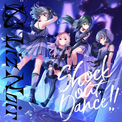  4girls absurdres against_wall akazaki_kokoro album_cover bare_shoulders biting black_choker black_footwear black_gloves black_socks blue_eyes bob_cut boots choker closed_mouth cover cross-laced_footwear double_bun dress dutch_angle earrings elbow_gloves expressionless floating_hair foot_up glint glove_biting gloves green_hair grey_hair hair_bun high_heel_boots high_heels highres idoly_pride igawa_aoi jewelry kanzaki_rio kneehighs komiyama_ai lace-up_boots legs_apart liznoir_(idoly_pride) looking_at_viewer looking_back multiple_girls official_art pink_eyes pink_hair purple_dress purple_eyes qp:flapper short_hair sitting socks stairs thigh_boots thigh_strap thighs wind yellow_eyes 