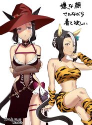  animal_ears animal_print armband arms_under_breasts artist_name bandeau bare_shoulders black_hair blush breasts brown_dress cleavage closed_mouth covered_navel crossed_legs dated detached_sleeves dress ear_covers ears_through_headwear feet_out_of_frame female frown hair_bun hat highres horse_ears horse_girl horse_tail leopard_print looking_at_viewer matuda_(matudayazo) medium_breasts mejiro_ramonu_(umamusume) midriff mole mole_under_eye multicolored_hair multiple_views navel parted_lips purple_eyes red_headwear red_nails short_hair short_shorts shorts sitting sleeveless sleeveless_dress standing streaked_hair tail thigh_strap translation_request umamusume umamusume:_star_blossom witch_hat yellow_shorts 