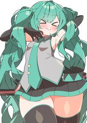  &gt;_&lt; :t absurdres aqua_hair aqua_necktie armpits arms_up black_gloves black_thighhighs blush closed_eyes cowboy_shot elbow_gloves female from_below gloves hair_between_eyes hand_on_own_face hatsune_miku highres long_hair miniskirt necktie pleated_skirt puffy_cheeks shiny_skin skirt solo stretching tearing_up thick_thighs thighhighs thighs twintails uruti_2388 very_long_hair vocaloid zettai_ryouiki 