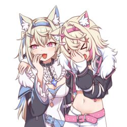  &gt;_&lt; 2girls :d animal_ear_fluff animal_ears arm_around_shoulder belt black_collar black_jacket blonde_hair blue_belt blue_hair blue_hairband breasts chains cleavage cleavage_cutout clothing_cutout collar commentary crop_top cropped_jacket cropped_shirt dog_ears dog_girl dress fangs frills fur-trimmed_jacket fur_trim fuwawa_abyssgard fuwawa_abyssgard_(1st_costume) hair_ornament hairband hairclip highres hololive hololive_english jacket large_breasts laughing_girls_(meme) long_hair looking_to_the_side medium_hair meme midriff mococo_abyssgard mococo_abyssgard_(1st_costume) multicolored_hair multiple_girls navel open_mouth pink_belt pink_eyes pink_hair pink_hairband shirt short_hair siblings simple_background sisters smile spiked_collar spikes stomach streaked_hair twins two_side_up upper_body virtual_youtuber white_background white_dress white_shirt wool_(miwol) x_hair_ornament 