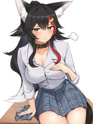  absurdres animal_ear_fluff animal_ears black_collar black_hair breasts collar female grey_skirt highres hololive large_breasts long_hair micon multicolored_hair ookami_mio orange_eyes plaid plaid_skirt red_hair shirt simple_background sitting skirt solo streaked_hair virtual_youtuber white_background white_shirt wolf_ears wolf_girl 