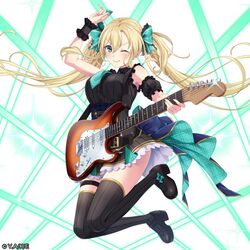  black_dress black_thighhighs blonde_hair blush bow breasts dress female frilled_skirt frills green_bow green_necktie guitar holding holding_guitar holding_instrument instrument jumping large_breasts long_hair looking_at_viewer necktie official_art regina_mercedes seiken_gakuin_no_maken_tsukai skirt sleeveless sleeveless_dress smile thighhighs twintails 