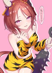  animal_ears animal_print bare_shoulders brown_hair club_(weapon) fake_horns female from_above highres holding holding_weapon horns horse_ears horse_girl horse_tail kanabou looking_at_viewer oni_horns pink_background purple_eyes sakura_laurel_(oni_laurel)_(umamusume) sakura_laurel_(umamusume) same_kujira_(challenger_310) smile solo spiked_club tail tiger_print umamusume umamusume:_star_blossom weapon 