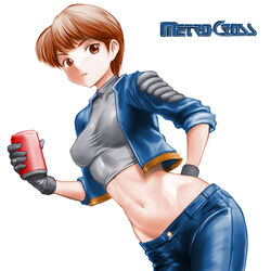  black_gloves blue_jacket blue_pants breasts brown_eyes brown_hair can copyright_name covered_nipples cowboy_shot cropped_jacket female genderswap_(mtf) gloves groin highres holding holding_can jacket medium_breasts metro-cross minamoto80486 navel open_mouth pants ringed_eyes rule_63 runner_(metro-cross) short_hair simple_background solo white_background 