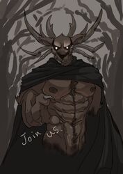  abs anthro arm_tuft black_cape black_clothing black_nipples brown_body brown_fur cape chest_tuft claws clothing commanding_viewer crotch_tuft deer demon dialogue elbow_tuft english_text forest fur gesture glowing glowing_eyes half-length_portrait half_naked hand_gesture head_tuft horn light_eyes male mammal moobs multi_horn muscular muscular_male mysterious naturally_censored night nipples plant pointing pointing_at_viewer portrait ro_momod shaded sharp_horn shirtless simple_background simple_shading solo specimen_8 spooky&#039;s_jump_scare_mansion teeth text tree tuft 