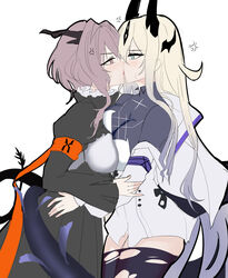  2girls absurdres anger_vein arknights armband black_horns black_thighhighs blonde_hair blush breasts brown_horns commentary cowboy_shot dragon_girl dragon_horns dragon_tail eblana_(arknights) eye_contact from_side grabbing green_eyes grey_hair hair_between_eyes hair_ornament highres horns hug jacket kissing long_hair long_sleeves looking_ahead looking_at_another medium_breasts medium_hair mikuning multiple_girls off_shoulder open_clothes open_jacket orange_armband orange_eyes purple_armband shirt simple_background standing sweat tail talulah_(arknights) thighhighs torn_clothes torn_thighhighs white_background yuri 