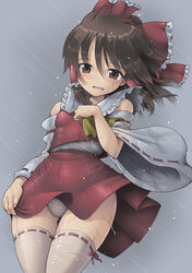  bow brown_eyes brown_hair detached_sleeves female hair_tubes hairbow hakurei_reimu highres kurogarasu nontraditional_miko panties pantyshot rain red_bow red_shirt red_skirt shirt skirt solo thighhighs tight_clothes tight_shirt touhou underwear wet wet_clothes white_panties white_thighhighs wide_sleeves wind 