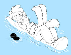  2023 ambiguous_gender anthro breel_(housepets!) domestic_ferret floating_on_water fur grin group housepets! keene_(housepets!) looking_at_another lying_on_another male mammal mustelid musteline nega-breel_(housepets!) pool_toy restricted_palette rick_griffin shadow_creature smile trio true_musteline water weasel webcomic 