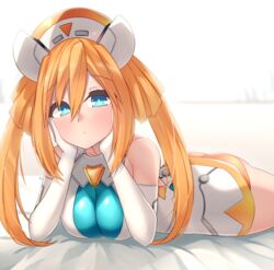  absurdres ass bare_shoulders blue_eyes blush breasts cleavage commission dura elbow_gloves female from_side gloves hair_between_eyes hair_rings hands_on_own_cheeks hands_on_own_face hat head_rest highres leotard long_hair looking_at_viewer lying neptune_(series) nurse_cap on_stomach orange_hair orange_heart_(neptunia) pixiv_commission power_symbol power_symbol-shaped_pupils shin_jigen_game_neptune_vii skin_tight sleeveless solo symbol-shaped_pupils twintails very_long_hair white_gloves white_leotard 