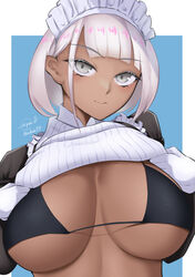  bikini black_bikini blue_background breasts closed_mouth clothes_lift dark-skinned_female dark_skin dress dress_lift enryuu_(rmxs3488) female frilled_dress frills gloves grey_eyes grey_hair highres large_breasts lifting_own_clothes looking_at_viewer maid maid_headdress original short_hair signature smile solo swimsuit twitter_username two-tone_dress upper_body white_gloves 