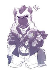  2023 anthro arknights bottomwear clothed clothing collar ear_piercing eyebrow_piercing facial_piercing fingerless_gloves gloves hair handwear hi_res hyena hypergryph jacket kuroxxx_kmnk2 male mammal monochrome open_clothing pants piercing solo spot_(arknights) spotted_hyena studio_montagne tail topwear 