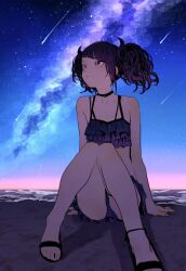  beach bikini bikini_skirt breasts choker collarbone comet diagonal_bangs female highres idolmaster idolmaster_shiny_colors legs night panties purple_eyes purple_hair sandals sitting sky small_breasts solo star_(sky) starry_sky swimsuit tanaka_mamimi tencarcyan thighs twintails underwear 