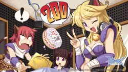  1boy 2girls animal_ears armor assassin_(ragnarok_online) bandages bell blank_eyes blonde_hair breasts cake cat_boy cat_ears cat_girl cat_tail cleavage copyright_notice feet_out_of_frame food guest_art headphones headphones_around_neck heterochromia highres in_the_face indoors jingle_bell logo long_hair looking_at_viewer looking_to_the_side medium_breasts misty_(ragnarok_online) multiple_girls neck_bell nyuu_(ragnarok_online) oerba_yun_fang official_art official_wallpaper one_eye_closed open_mouth pauldrons pie_in_face pink_hair purple_eyes purple_shirt ragnarok_online recording_studio red_eyes shirt short_hair shoulder_armor sitting smile strapless strapless_shirt tail tripping v wickebine_(ragnarok_online) yuichirou 