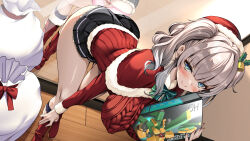  absurdres aran_sweater ascot black_skirt blue_eyes boots bow bowtie box breasts cable_knit capelet dutch_angle female fur-trimmed_boots fur-trimmed_capelet fur-trimmed_sweater fur_trim green_bow green_bowtie grey_hair hat highres holly kantai_collection kashima_(christmas_mode)_(kancolle) kashima_(kancolle) large_breasts leaning_forward long_hair looking_at_viewer mirror orange_ascot panties pink_panties pleated_skirt red_capelet red_footwear red_sweater sack santa_hat skirt sleeveless smile solo sweater torisan twintails underwear wavy_hair 