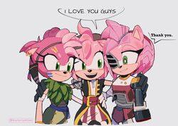  absurd_res accessory amy_rose anthro black_rose_(sonic) clothing cybernetics cyborg dialogue english_text eulipotyphlan eye_contact female group hair_accessory hairband hedgehog hi_res historiaallen looking_at_another machine mammal netflix open_mouth open_smile rusty_rose sega signature simple_background smile sonic_prime sonic_the_hedgehog_(series) speech_bubble square_crossover text thorn_rose trio 