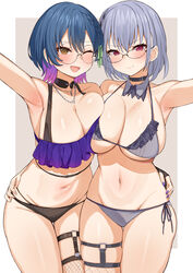  2girls absurdres bikini black-framed_eyewear blue_hair blush breast_press breasts brown_eyes choco_tanuki choker cleavage closed_mouth colored_inner_hair earrings glasses grey_bikini grey_hair hakase_fuyuki highres jewelry large_breasts looking_at_viewer multicolored_hair multiple_girls nijisanji one_eye_closed open_mouth pink_hair purple_bikini purple_nails red_eyes round_eyewear short_hair smile stud_earrings swimsuit symmetrical_docking virtual_youtuber yamagami_karuta 