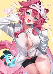  &gt;_&lt; animal_ear_fluff black_shorts blush breasts center_opening chattino_(raora_panthera) cowboy_shot dyarikku english_commentary eye_mask female fingernails hair_between_eyes hair_intakes hands_up highres hololive hololive_english large_breasts long_hair looking_at_viewer mask mask_on_head multicolored_hair nail_polish oerba_yun_fang open_mouth panther_ears panther_tail partially_unbuttoned pink_hair pink_nails purple_eyes raora_panthera shorts side_slit side_slit_shorts simple_background skin_fang sleeves_past_wrists solo streaked_hair thighs virtual_youtuber white_hair yellow_background 