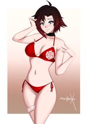  absurdres arm_up bikini black_choker black_hair blush breasts choker cleavage closed_mouth cowboy_shot female grey_eyes hand_up highres looking_at_viewer medium_breasts multicolored_hair navel red_bikini red_hair ruby_rose rwby short_hair side-tie_bikini_bottom signature solo sonicheroxd swimsuit thigh_strap two-tone_hair 