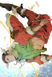  1boy abs animal_ears bara belt bird_ears boots brown_hair facial_hair falling_feathers feathers flute flying fur-trimmed_jacket fur_trim goatee_stubble gold_bracelet green_sweater head_wings hermes_(housamo) highres holding holding_flute holding_instrument instrument jacket jewelry looking_at_viewer male_focus midriff_peek navel open_belt open_clothes open_fly open_jacket pants pendant red_pants short_hair signature smile solo stubble sweater tokyo_afterschool_summoners toned toned_male turtleneck turtleneck_sweater upside-down wings yoshiyuki_(nein69yoshiyuki) 