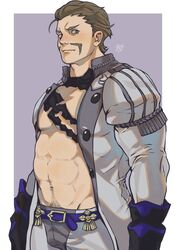  1boy abs alois_rangeld balthus_von_albrecht balthus_von_albrecht_(cosplay) bara belly blue_eyes blush brown_hair cosplay facial_hair fire_emblem fire_emblem:_three_houses from_side highres large_pectorals looking_at_viewer male_focus mature_male moustache muscular muscular_male navel navel_hair pectorals plump solo stomach thick_eyebrows waiwai_mura 