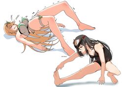  2girls absurdres black_hair black_one-piece_swimsuit blonde_hair blush breasts casual_one-piece_swimsuit covered_navel fishnet_swimsuit highres marthabucks morag_ladair_(obligatory_leave)_(xenoblade) morag_ladair_(xenoblade) multiple_girls mythra_(radiant_beach)_(xenoblade) mythra_(xenoblade) one-piece_swimsuit see-through see-through_headwear see-through_one-piece_swimsuit stretching swimsuit visor_cap xenoblade_chronicles_(series) xenoblade_chronicles_2 