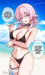  aqua_eyes arm_under_breasts artist_name bare_arms bare_shoulders beach bikini black_bikini black_choker blue_ribbon blue_sky blush breasts choker cleavage cloud cloudy_sky collarbone commentary day earrings english_commentary english_text eyelashes female fingernails food foxyreine furrowed_brow gradient_ribbon hair_between_eyes hair_intakes highres holding holding_food holding_popsicle honkai:_star_rail honkai_(series) jewelry large_breasts light_blush lips looking_at_viewer march_7th_(honkai:_star_rail) md5_mismatch medium_hair navel ocean open_mouth outdoors patreon_logo patreon_username pink_eyes pink_hair pink_lips pink_ribbon popsicle ribbon ribbon_earrings sand signature single_earring skindentation sky smile solo speech_bubble standing stomach swimsuit teeth thigh_strap thighs two-tone_eyes two-tone_ribbon upper_teeth_only web_address 