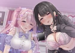  2girls :d absurdres bedroom belt black_choker black_hair black_hoodie black_skirt blurry blurry_background blush bow bow_bra bra breasts ceiling choker cleavage clothes_lift curtains desk earrings frilled_bra frills hair_ornament hair_ribbon hairband heart-shaped_mirror highres hologram hood hoodie hoodie_lift indoors jewelry large_breasts leaning_forward long_hair looking_at_viewer multiple_girls navel non-web_source open_mouth original pink_bra pink_hair purple_eyes purple_skirt ribbon ring shirt shirt_lift sidelocks skirt smile star_(symbol) star_hair_ornament suzumia_(daydream) tongue tongue_out underwear white_shirt 