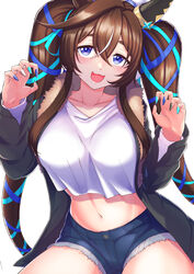  :3 absurdres animal_ears black_hair breasts casual coat female fingernails hair_between_eyes hair_ornament highres horse_girl large_breasts long_hair looking_at_viewer midriff navel open_mouth purple_eyes same_kujira_(challenger_310) shorts simple_background solo thick_eyebrows twintails umamusume vivlos_(umamusume) white_background winter_clothes winter_coat 