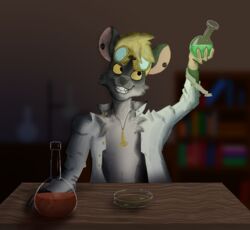  anthro blonde_hair blurred_background ear_piercing fur gauged_ear grey_body grey_fur hair hi_res laboratory_equipment laboratory_glassware looking_at_potion male mammal murid murine petri_dish piercing pilsnerfox potion potion_bottle rat rodent scientific_instrument solo squire yellow_eyes 