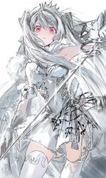  +_+ absurdres arm_cuffs arm_up armpits back_bow bow breasts cape commentary contrapposto corset covered_navel dress english_commentary feet_out_of_frame female frilled_gloves frills frown fur_collar fur_trim garter_straps gawako glaring gloves grey_hair grey_theme hairbow highres holding holding_sword holding_weapon long_hair looking_at_viewer original rapier red_eyes short_dress simple_background small_breasts solo sword thighhighs tiara twintails very_long_hair weapon white_background white_cape white_dress white_gloves white_hair white_theme white_thighhighs 